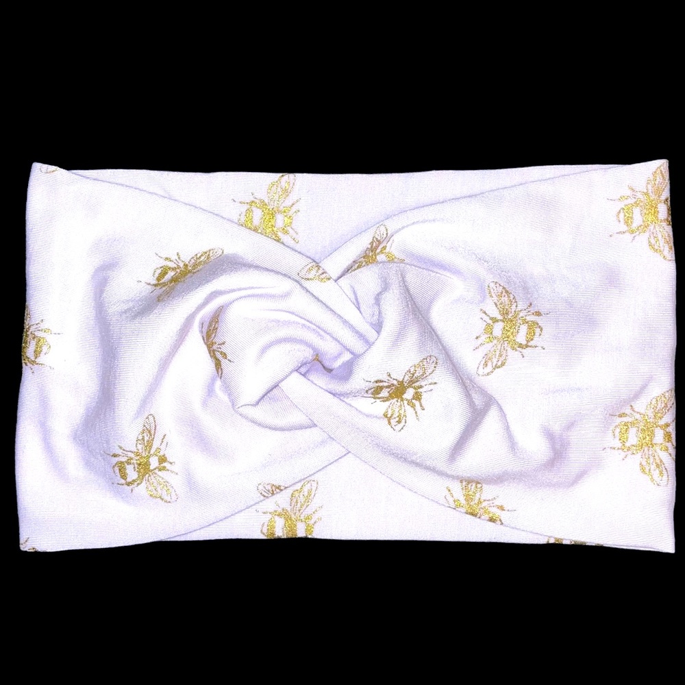 Honeybee Print Stretchy Wide Headband White & Metallic Gold